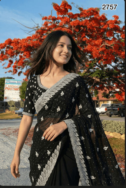 Elegant Black Georgette Saree with Silver Zari Embroidery Work – Premium Party & Occasion Wear