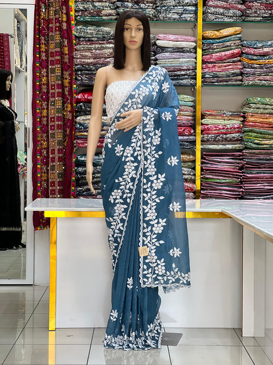 Luxurious Wine Burgundy Saree with Contrast White Thread Embroidery & Stone Work