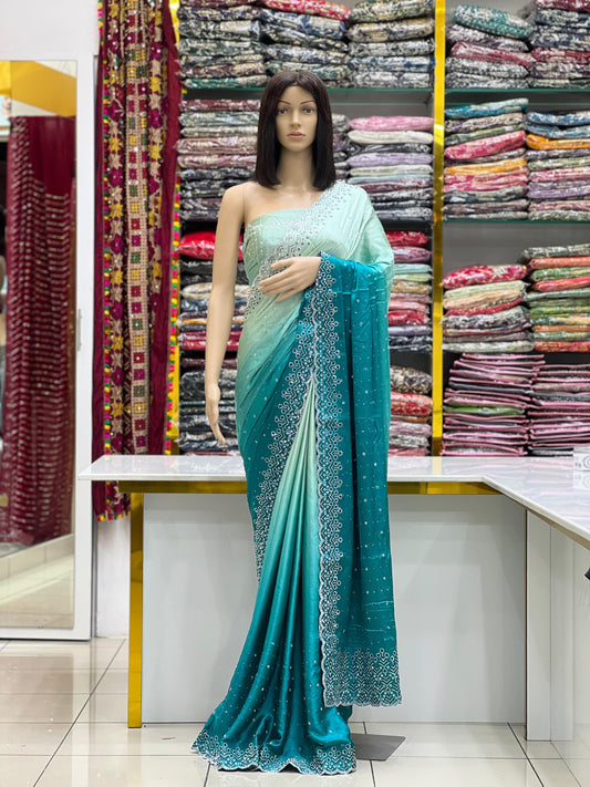 Sky Blue & Peacock Teal Gradient Saree with Designer Stone Border