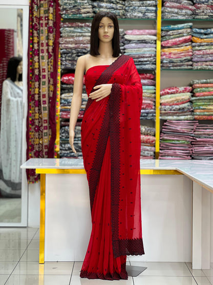 Red Georgette Saree With Black Thread Embroidery & Contrast Border