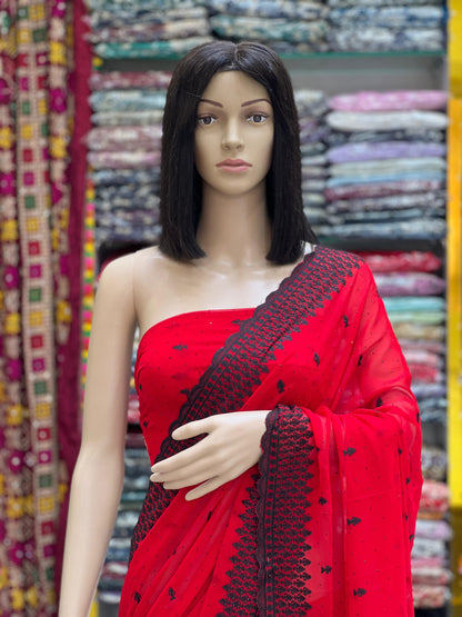 Red Georgette Saree With Black Thread Embroidery & Contrast Border