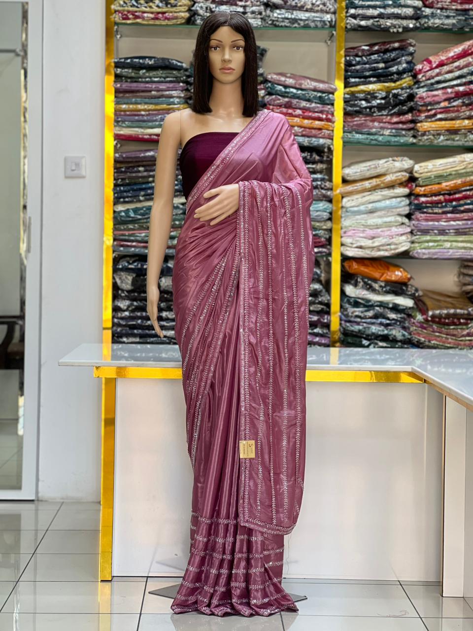 Premium Mauve Satin Saree with Elegant Stone Embroidery