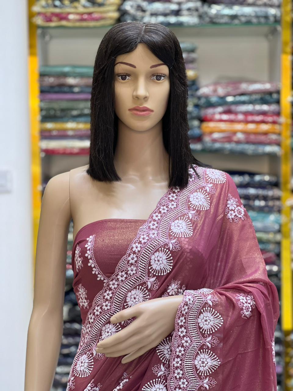 Elegant Wine Rose Georgette Saree with Shine Coating & White Thread Embroidery