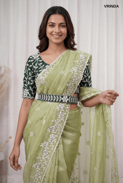 Premium Pista Green Organza Saree with Ready-Made Blouse & Designer Belt