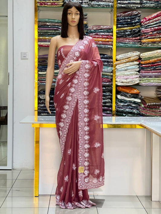 Elegant Wine Rose Georgette Saree with Shine Coating & White Thread Embroidery