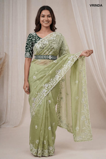 Premium Pista Green Organza Saree with Ready-Made Blouse & Designer Belt