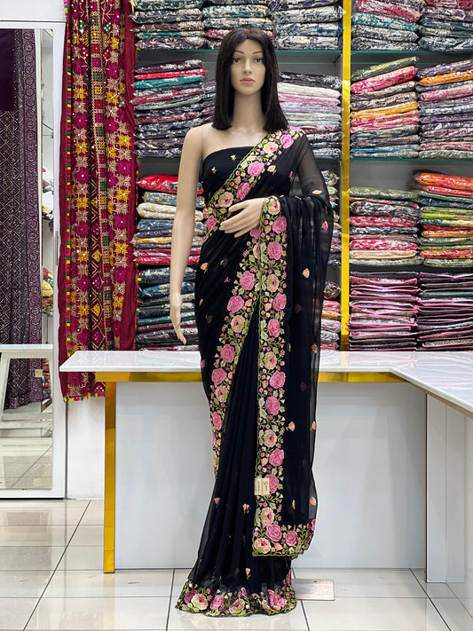Black Georgette Saree with Heavy Floral Embroidery Border