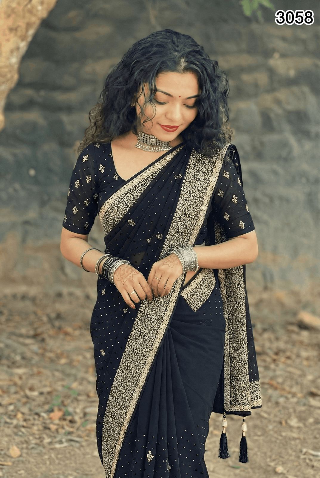 Premium Black Georgette Saree with Golden Zari Embroidery – Elegant Festive & Party Wear