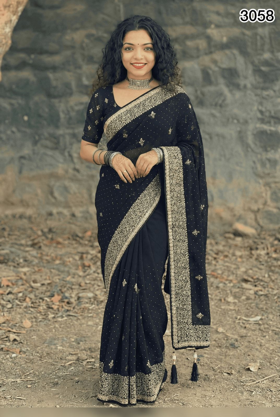 Premium Black Georgette Saree with Golden Zari Embroidery – Elegant Festive & Party Wear