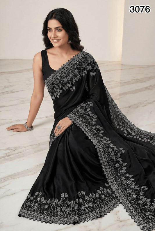 Premium Black Satin Silk Saree with Swarovski Stone Work – Elegant Party & Evening Wear