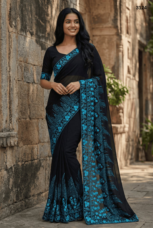 Elegant Black Georgette Saree with Teal Blue Embroidery Border – Premium Party & Festive Wear