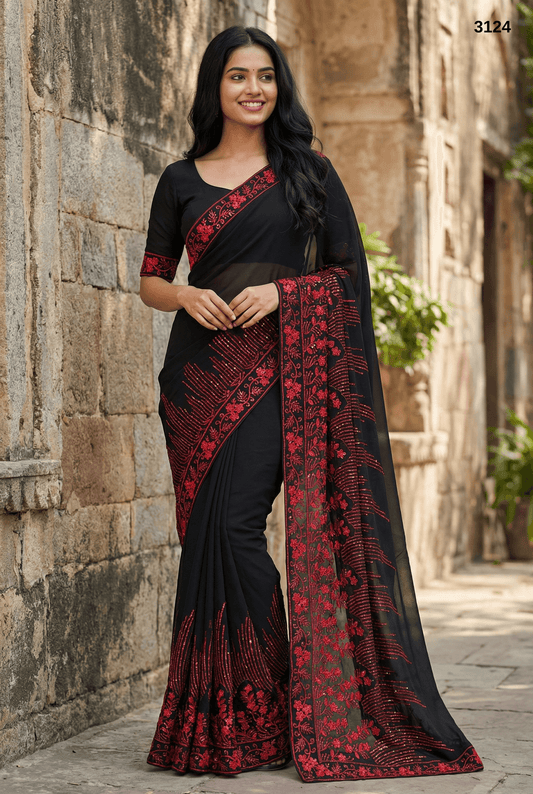 Elegant Black Georgette Saree with Red Thread & Sequin Embroidery