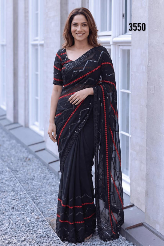Elegant Black Georgette Saree with Red Embellished Sequince Work  Party Wear Saree