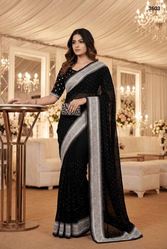 Premium Black Georgette Saree with Silver Border & All-Over Zari Butti Blouse