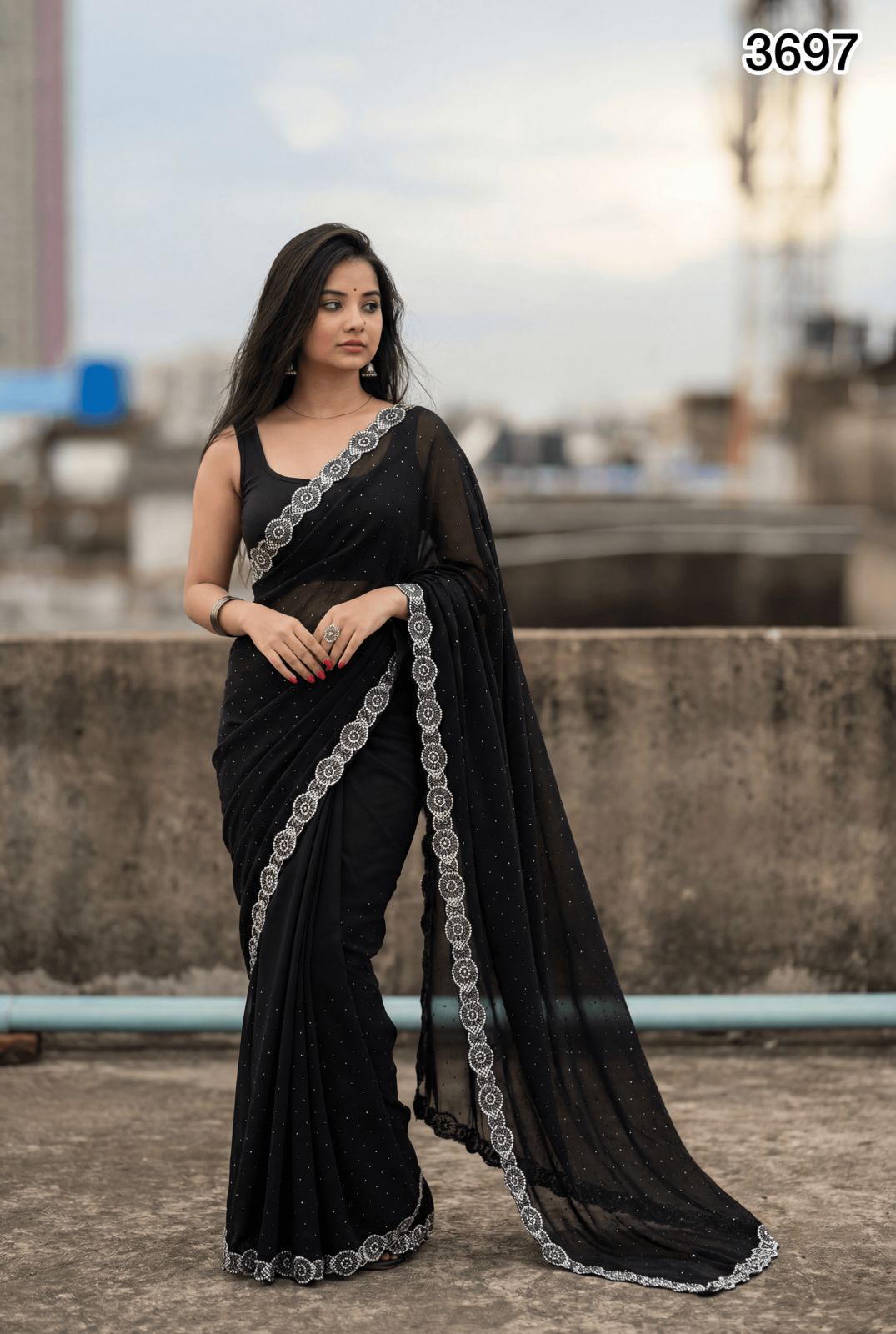 Premium Black Georgette Saree with Elegant Handwork Border – Classic Party Wear