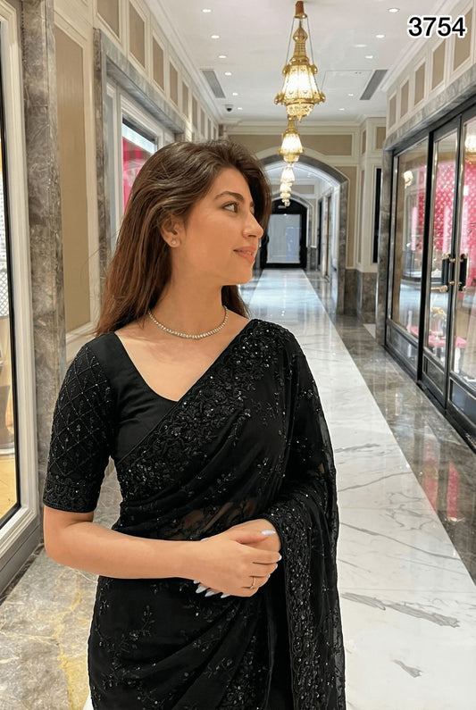 Elegant Black Embroidered Saree with Sequin & Thread Work – Premium Party Wear