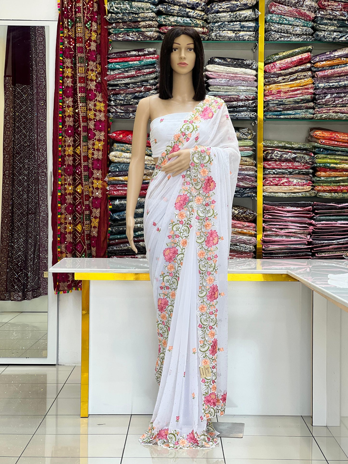 Black Georgette Saree with Heavy Floral Embroidery &amp; Sparkle Detailing