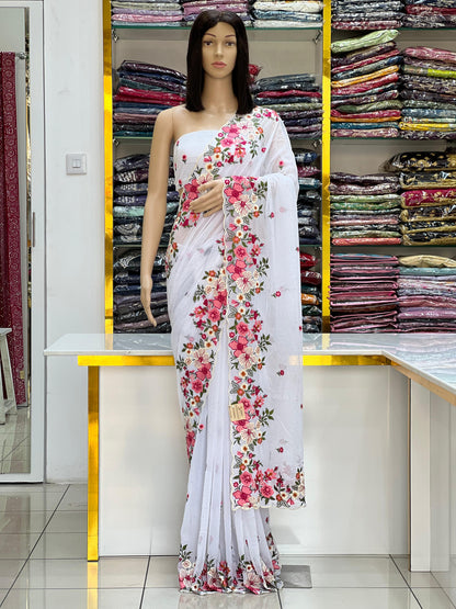 Black Georgette Saree with Heavy Multi-Color Floral Embroidery &amp; Sequin Work