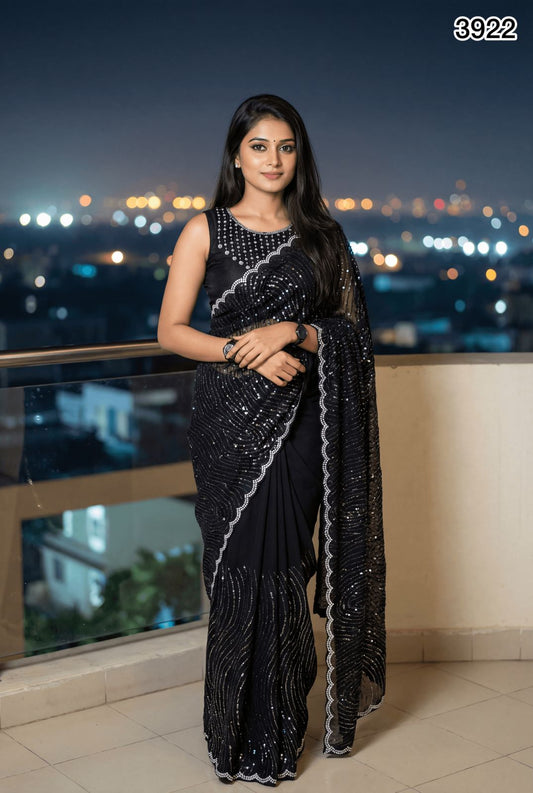Premium Black Georgette Saree with Sequin & Thread Embellishment