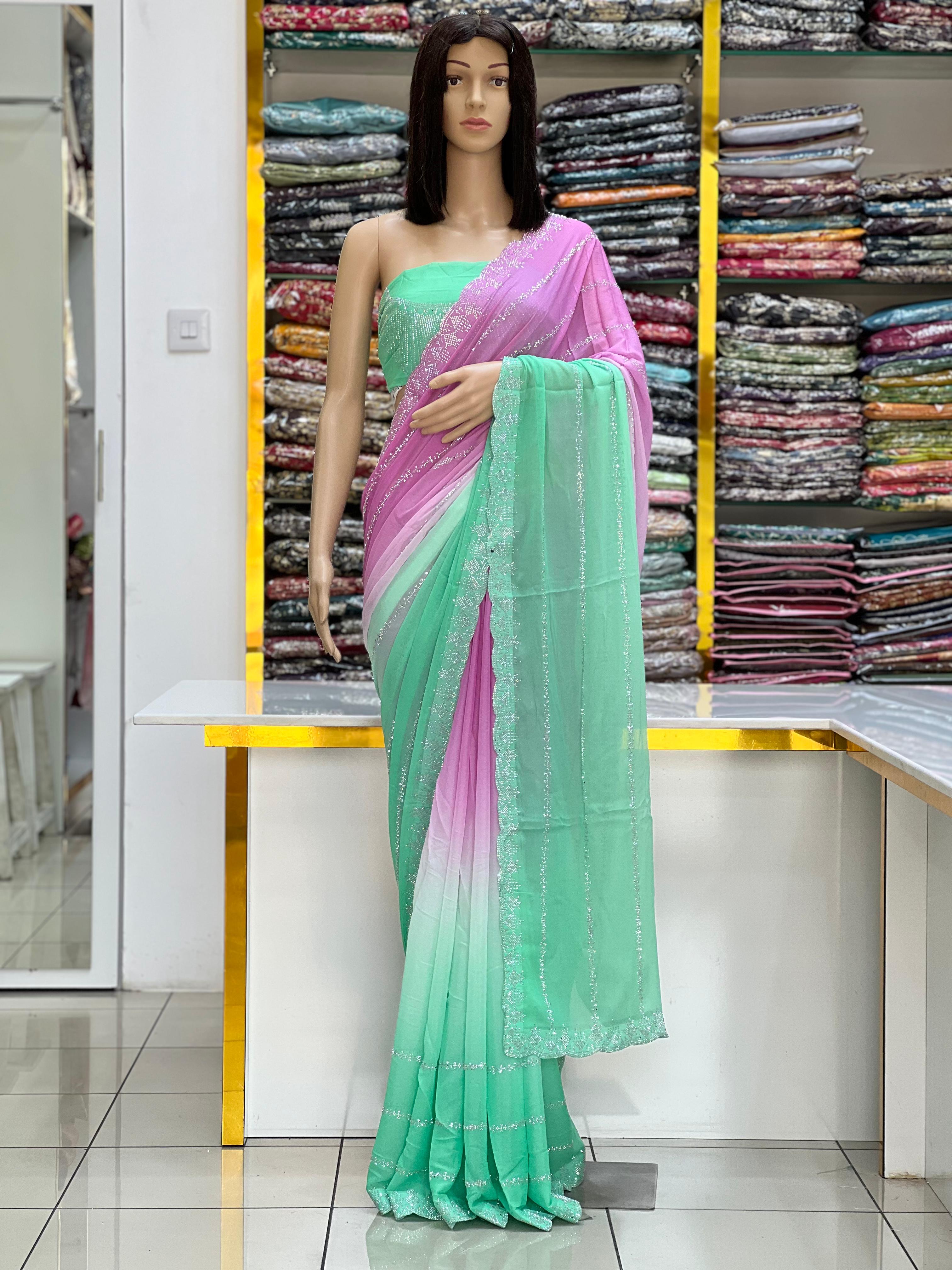 Pastel Green & Pink Shaded Designer Saree with Subtle Silver Work