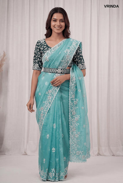 Premium Sea Green Organza Saree with Ready-Made Blouse & Designer Belt
