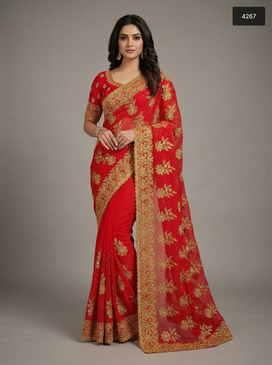 Regal Ruby Red Saree with Intricate Gold Zari Embroidery