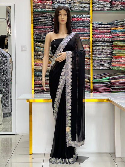 Classic Black Georgette Party Wear Saree With Floral Silver Embroidery Border