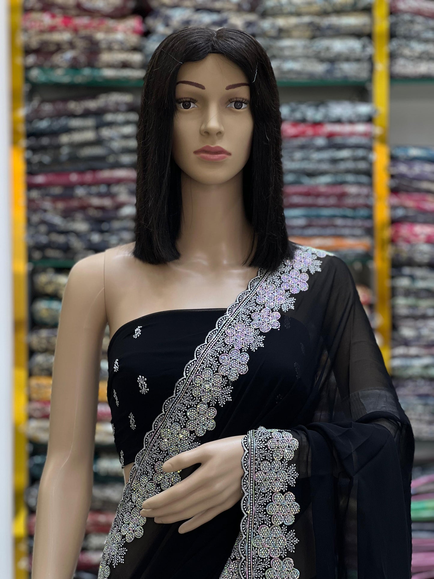 Classic Black Georgette Party Wear Saree With Floral Silver Embroidery Border