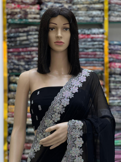 Classic Black Georgette Party Wear Saree With Floral Silver Embroidery Border