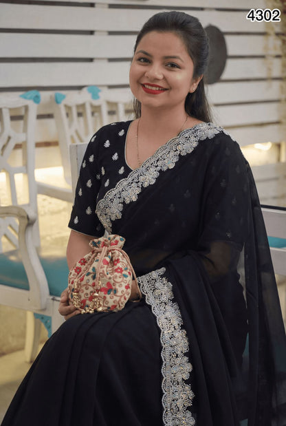 Elegant Black Georgette Saree with Silver Embroidered Border – Premium Party & Festive Wear
