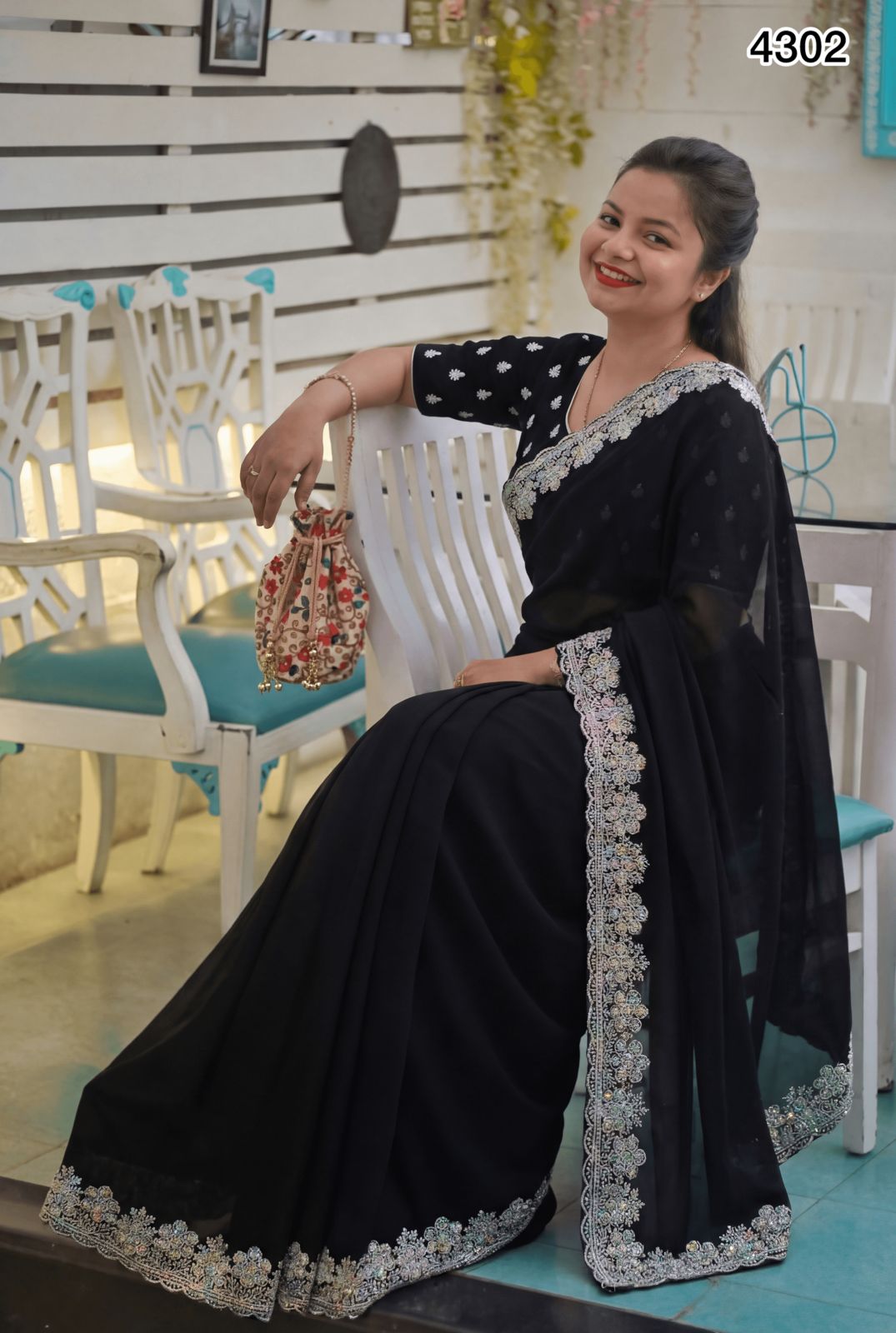 Elegant Black Georgette Saree with Silver Embroidered Border – Premium Party & Festive Wear