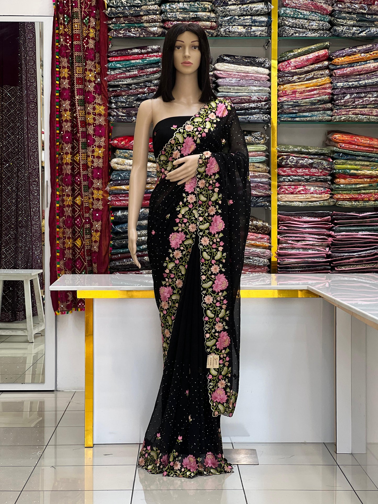 Black Georgette Saree with Heavy Floral Embroidery &amp; Sparkle Detailing