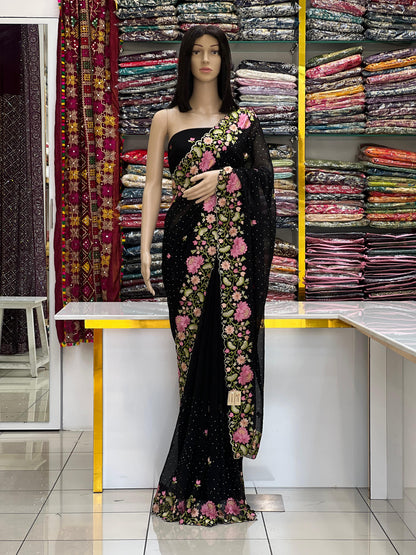 Black Georgette Saree with Heavy Floral Embroidery &amp; Sparkle Detailing