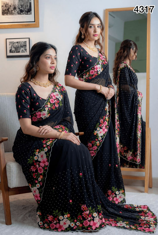 Premium Party Wea Black Georgette Saree with Mulicolored Floral Embroidered Border & Stone Work