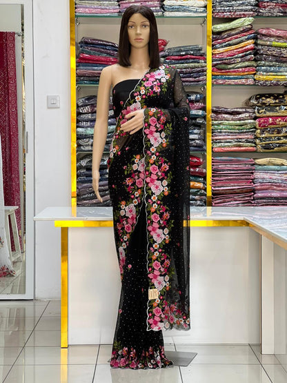 Black Georgette Saree with Heavy Multi-Color Floral Embroidery &amp; Sequin Work