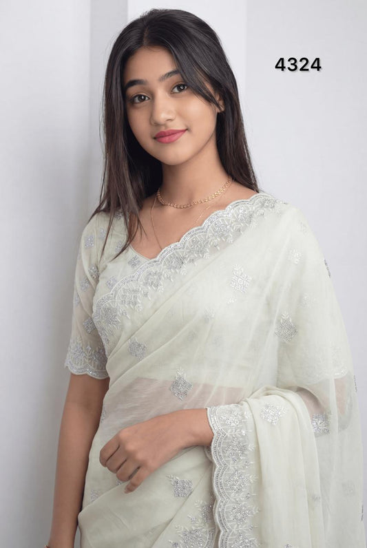 Elegant Cream Crunchy Chiffon Saree with Rembo Sequin Work