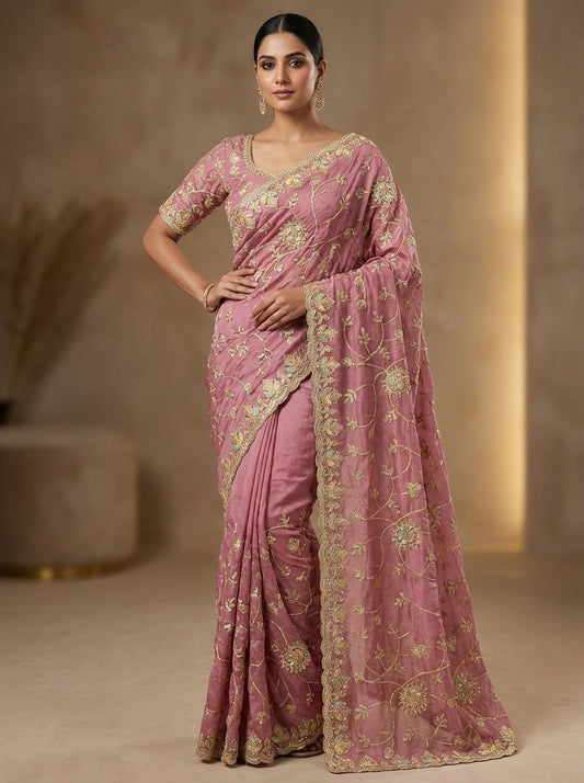 The Pastel Bloom Collection Embroidered Tissue Gold Crush Designer Sarees