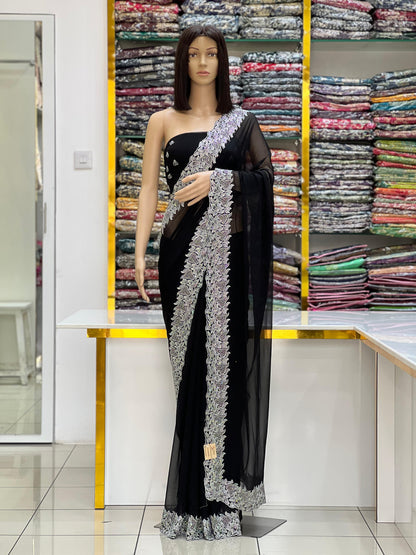 Classic Black Georgette Party Wear Saree With Floral Silver Embroidery Border