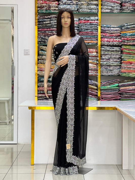 Classic Black Georgette Party Wear Saree With Floral Silver Embroidery Border