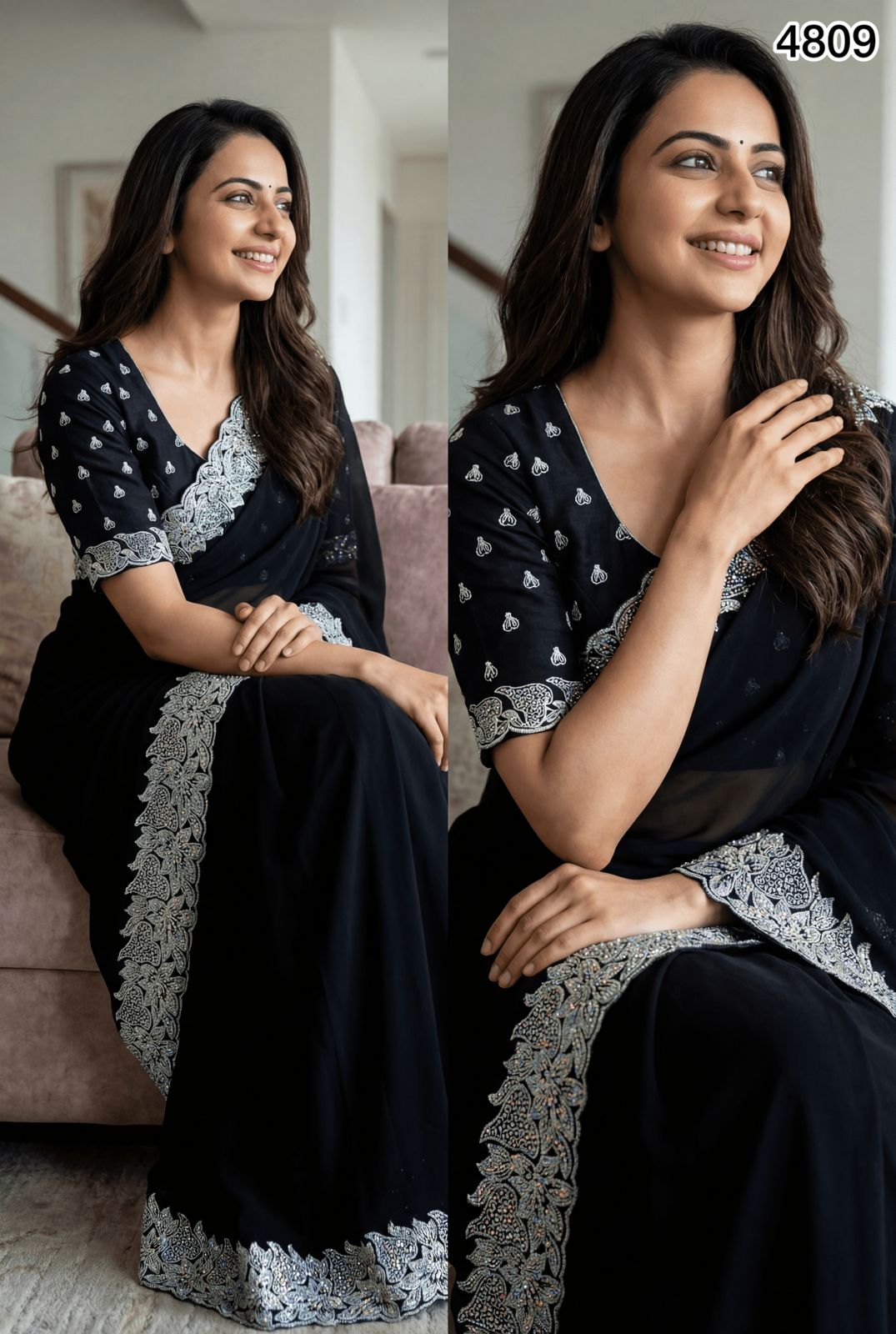 Elegant Black Georgette Saree with Silver Embroidery & Stone Work – Party & Evening Wear