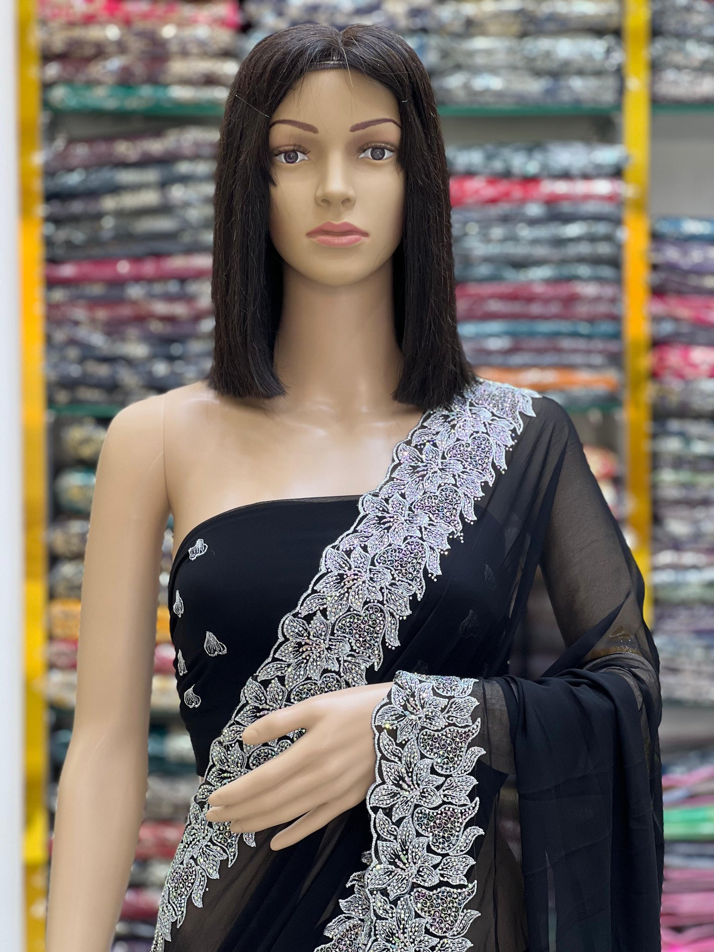 Classic Black Georgette Party Wear Saree With Floral Silver Embroidery Border