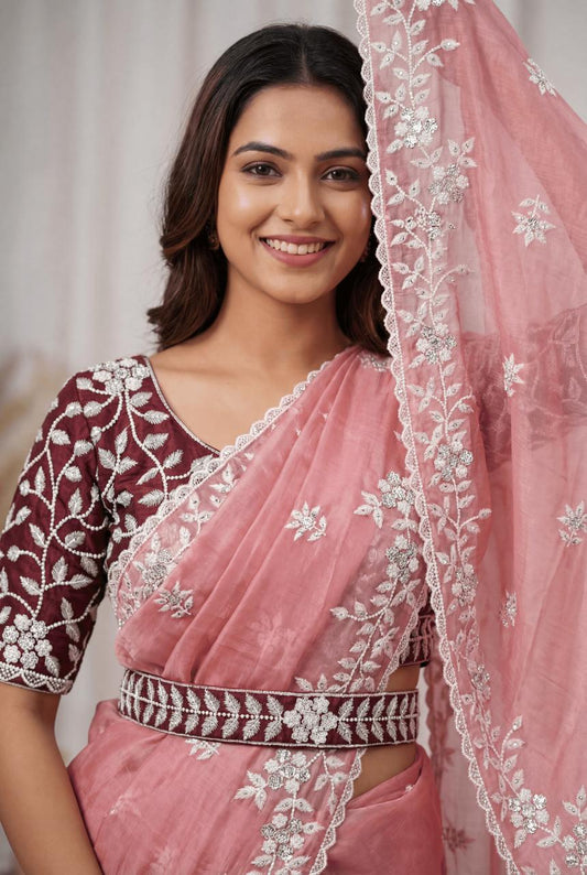 Premium Dusty Pink Organza Saree with Ready-Made Blouse & Embroidered Belt