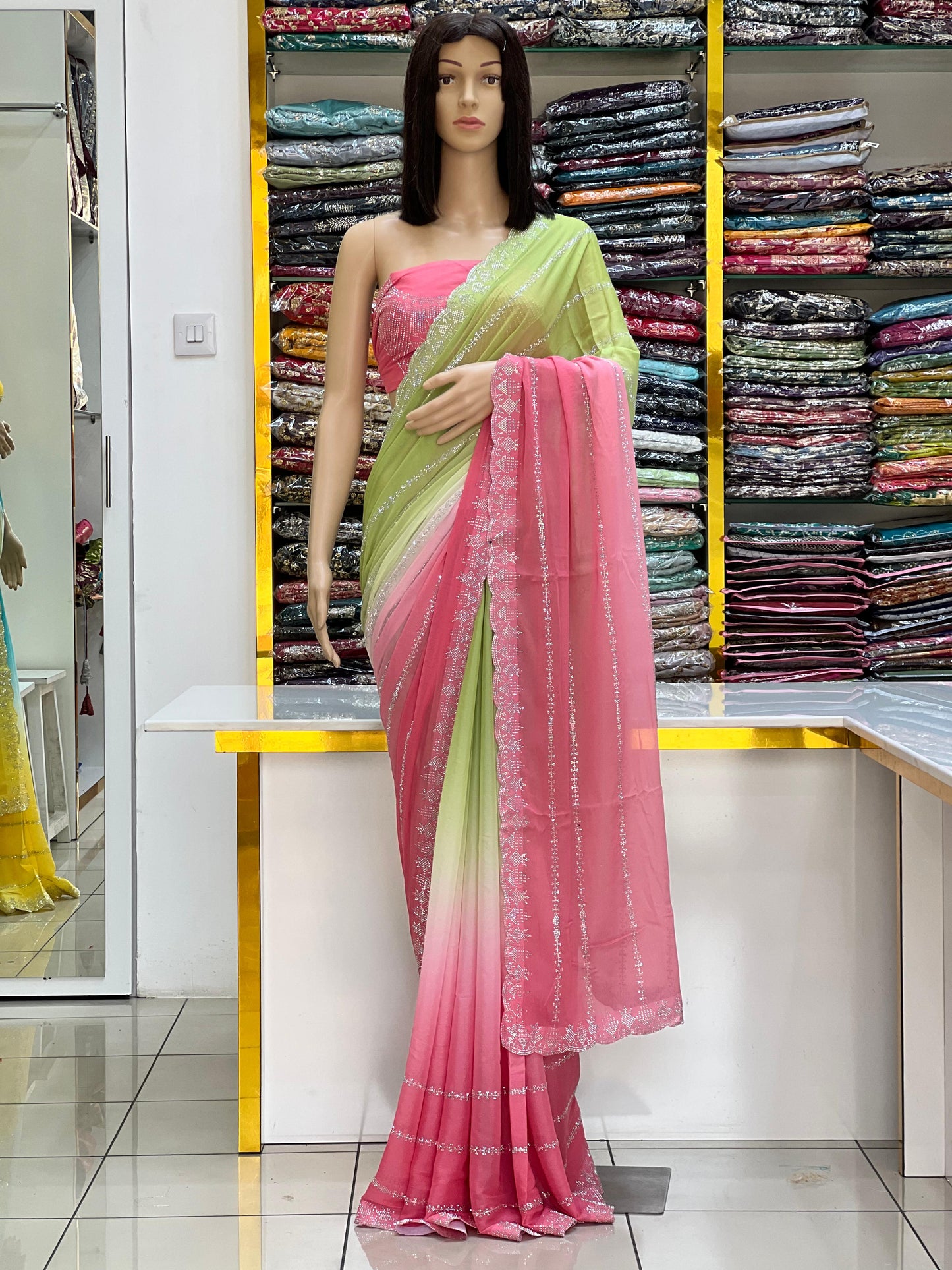 Elegant Dual-Tone Chiffon Saree with Silver Embellished Border
