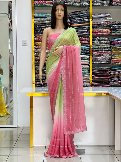 Elegant Dual-Tone Chiffon Saree with Silver Embellished Border