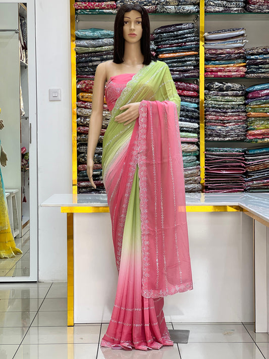 Elegant Dual-Tone Chiffon Saree with Silver Embellished Border