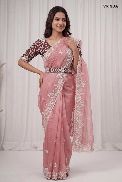 Premium Dusty Pink Organza Saree with Ready-Made Blouse & Embroidered Belt