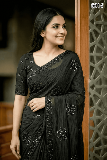 Premium Black Crunchy Saree with Heavy Beads & Sequin Work – Elegant Party Wear