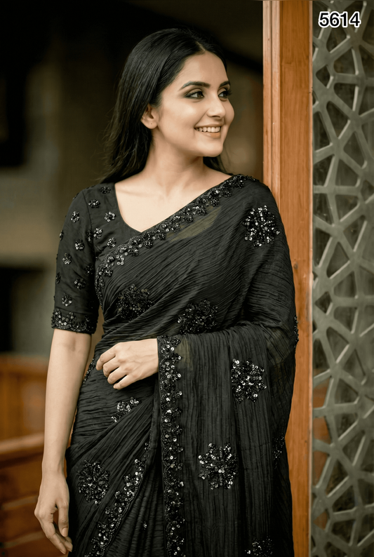Premium Black Crunchy Saree with Heavy Beads & Sequin Work – Elegant Party Wear