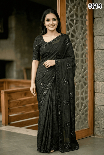 Premium Black Crunchy Saree with Heavy Beads & Sequin Work – Elegant Party Wear