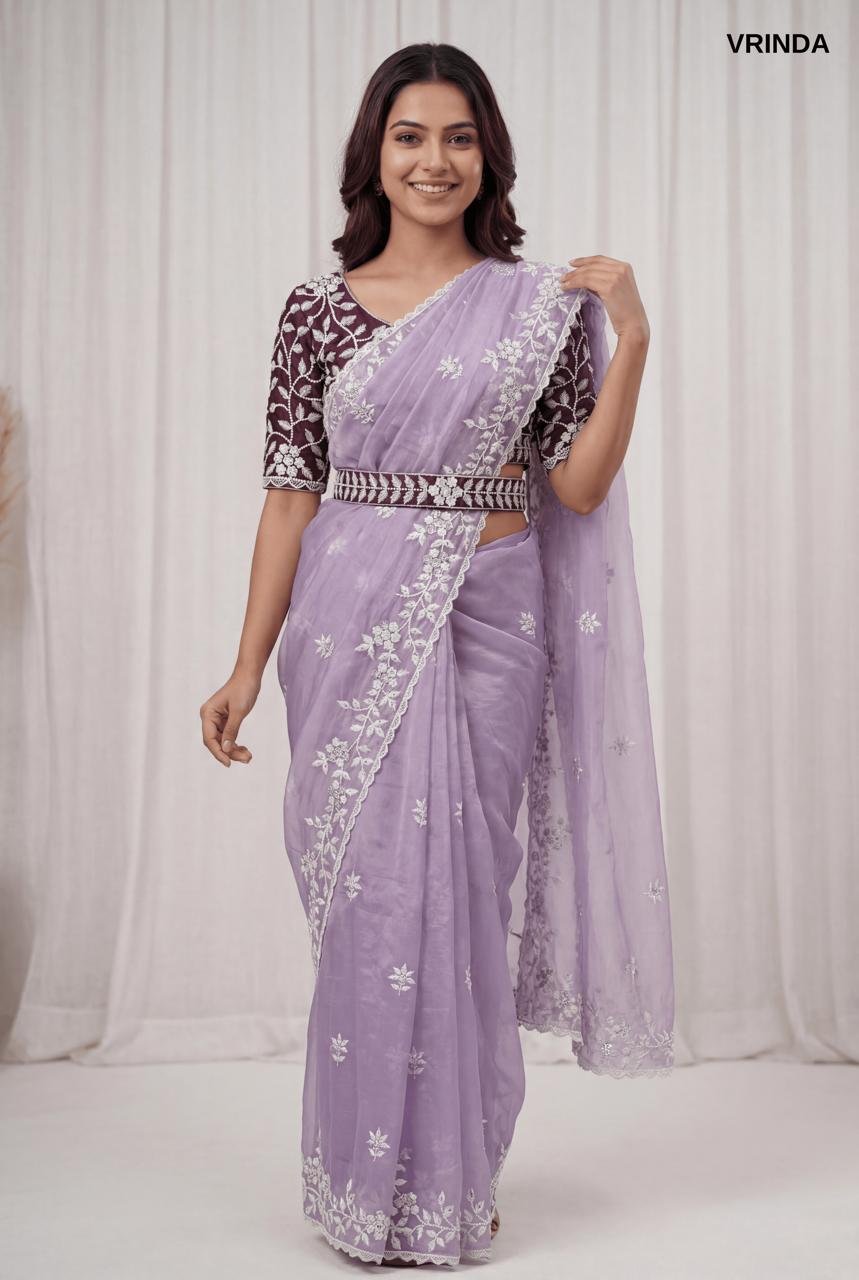 Premium Lavender Organza Saree with Ready-Made Blouse & Designer Belt